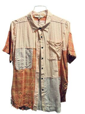 BLUE VELVET Oversized Patchwork Button-Up Orange Plaid Multi Pattern Shirt Sz XL